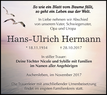 Traueranzeige von Hans-Ulrich Hermann von Mitteldeutsche Zeitung Aschersleben