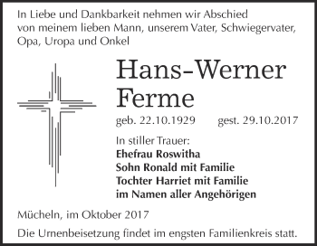 Traueranzeige von Hans-Werner Ferme von WVG - Wochenspiegel Merseburg