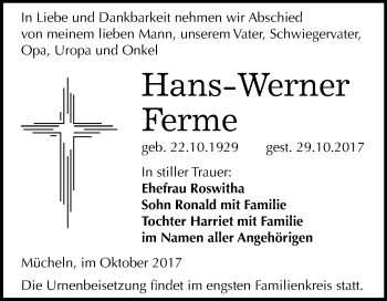 Traueranzeige von Hans-Werner Ferme von Mitteldeutsche Zeitung Merseburg/Querfurt