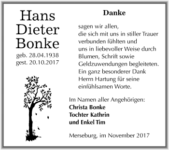 Traueranzeige von Hans Dieter Bonke von Mitteldeutsche Zeitung Merseburg/Querfurt