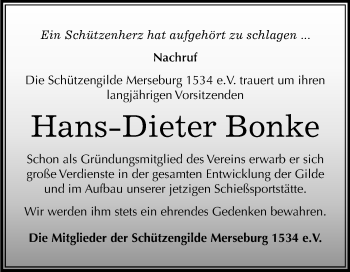 Traueranzeige von Hans Dieter Bonke von Mitteldeutsche Zeitung Merseburg/Querfurt