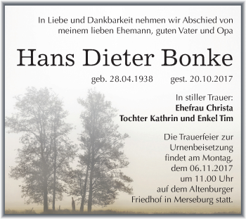 Traueranzeige von Hans Dieter Bonke von Mitteldeutsche Zeitung Merseburg/Querfurt