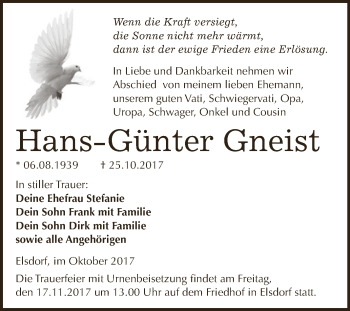 Traueranzeige von Hans Günter Gneist von WVG - Wochenspiegel Dessau / Köthen