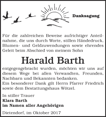 Traueranzeige von Harald Barth von Super Sonntag Zeitz