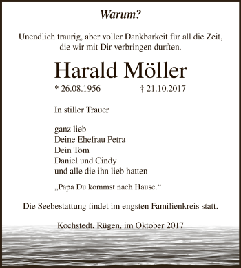 Traueranzeige von Harald Möller von WVG - Wochenspiegel Dessau / Köthen