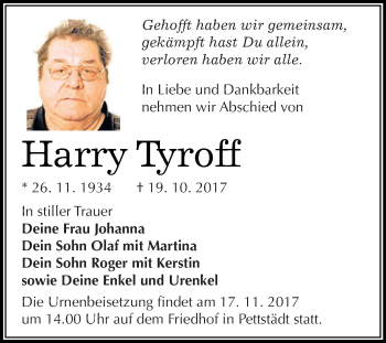 Traueranzeige von Harry Tyroff von WVG - Wochenspiegel NMB / WSF / ZTZ