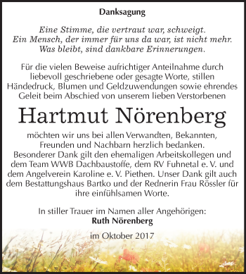 Traueranzeige von Hartmut Nörenberg von Mitteldeutsche Zeitung Köthen