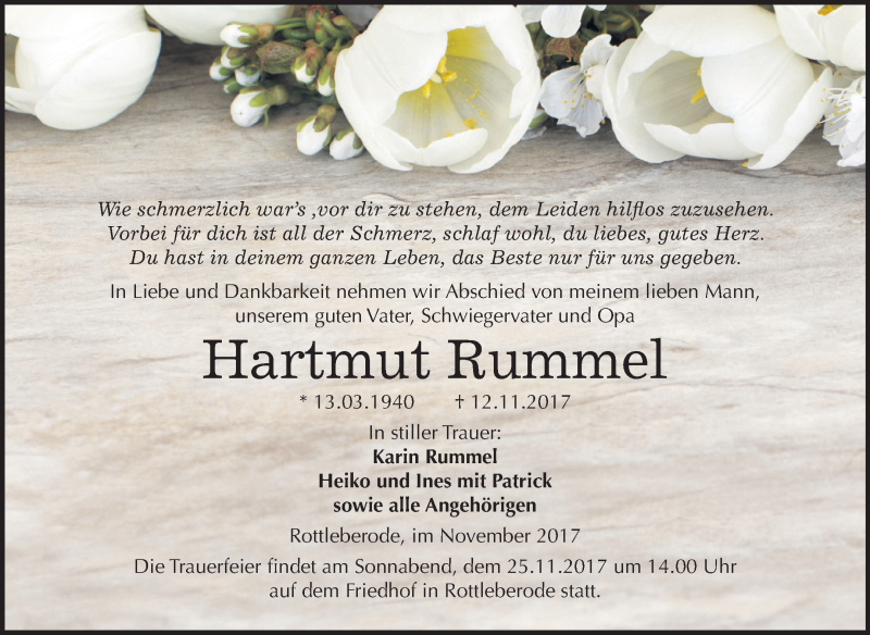  Traueranzeige für Hartmut Rummel vom 17.11.2017 aus Mitteldeutsche Zeitung Sangerhausen