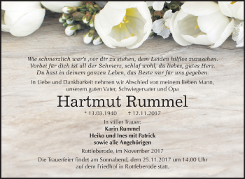 Traueranzeige von Hartmut Rummel von Mitteldeutsche Zeitung Sangerhausen