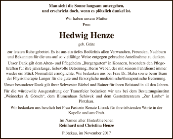 Traueranzeige von Hedwig Henze von Super Sonntag Bernburg
