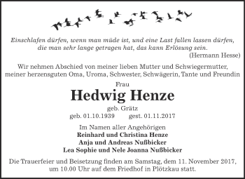 Traueranzeige von Hedwig Henze von Super Sonntag Bernburg