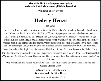 Traueranzeige von Hedwig Henze von Mitteldeutsche Zeitung Bernburg