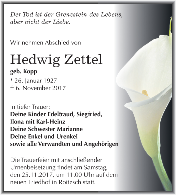 Traueranzeige von Hedwig Zettel von Mitteldeutsche Zeitung Bitterfeld