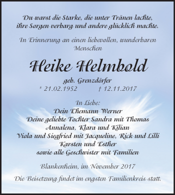 Traueranzeige von Heike Helmbold von Mitteldeutsche Zeitung Sangerhausen