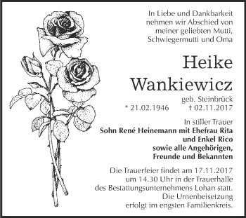 Traueranzeige von Heike Wankiewicz von WVG - Wochenspiegel Bitterfeld