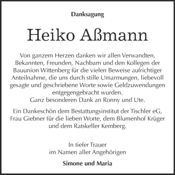 Traueranzeige von Heiko Aßmann von WVG - Wochenspiegel Wittenberg
