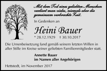 Traueranzeige von Heini Bauer von Mitteldeutsche Zeitung