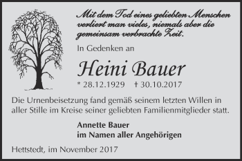 Traueranzeige von Heini Bauer von Super Sonntag Aschersleben
