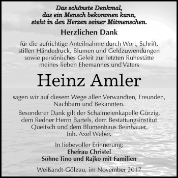 Traueranzeige von Heinz Amler von WVG - Wochenspiegel Dessau / Köthen