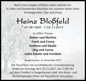 Traueranzeige von Heinz Bloßfeld von Mitteldeutsche Zeitung Sangerhausen
