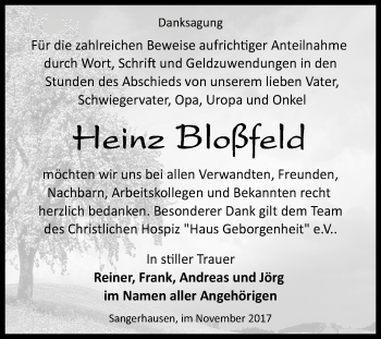 Traueranzeige von Heinz Bloßfeld von Mitteldeutsche Zeitung Sangerhausen