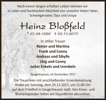 Traueranzeige von Heinz Bloßfeld von Super Sonntag SGH Mansf. Land