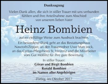 Traueranzeige von Heinz Bombien von Mitteldeutsche Zeitung Bitterfeld
