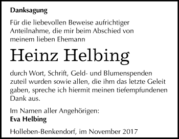 Traueranzeige von Heinz Helbing von Mitteldeutsche Zeitung