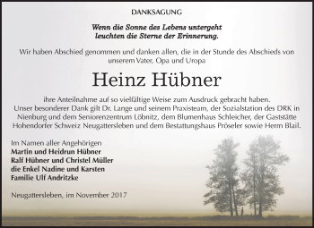 Traueranzeige von Heinz Hübner von Mitteldeutsche Zeitung Bernburg