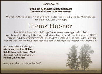 Traueranzeige von Heinz Hübner von Super Sonntag Bernburg