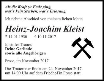 Traueranzeige von Heinz-Joachim Kleist von Super Sonntag Aschersleben