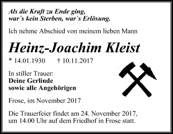 Traueranzeige von Heinz-Joachim Kleist von Mitteldeutsche Zeitung Aschersleben
