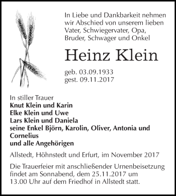 Traueranzeige von Heinz Klein von Super Sonntag SGH Mansf. Land