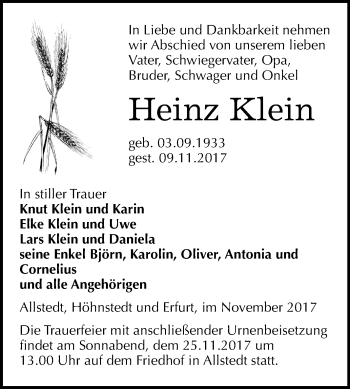 Traueranzeige von Heinz Klein von Mitteldeutsche Zeitung