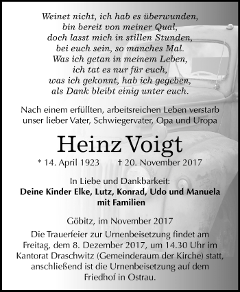 Traueranzeige von Heinz Voigt von Mitteldeutsche Zeitung