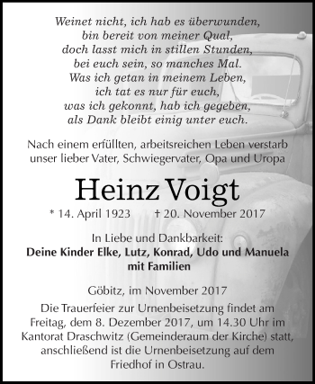 Traueranzeige von Heinz Voigt von Super Sonntag Zeitz