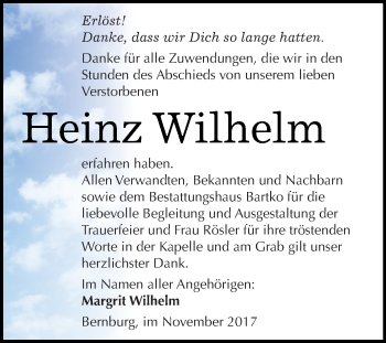 Traueranzeige von Heinz Wilhelm von Super Sonntag Bernburg