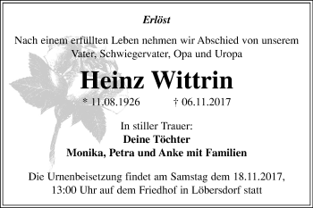 Traueranzeige von Heinz Wittrin von Mitteldeutsche Zeitung Bitterfeld