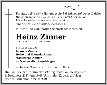 Traueranzeige von Heinz Zinner von Mitteldeutsche Zeitung Zeitz