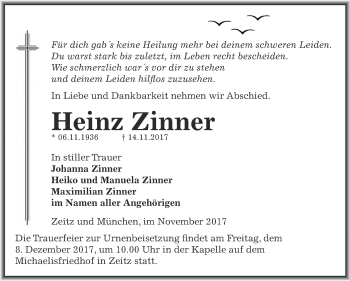 Traueranzeige von Heinz Zinner von Super Sonntag Zeitz
