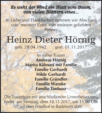 Traueranzeige von Heinz Dieter Hörnig von WVG - Wochenspiegel Quedlinburg