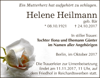 Traueranzeige von Helene Heilmann von WVG - Wochenspiegel NMB / WSF / ZTZ