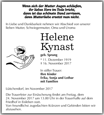 Traueranzeige von Helene Kynast von Mitteldeutsche Zeitung