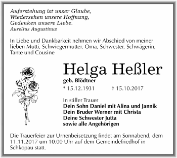 Traueranzeige von Helga Heßler von WVG - Wochenspiegel Merseburg