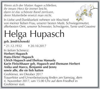Traueranzeige von Helga Hupasch von Wochenspiegel Mansfelder Land