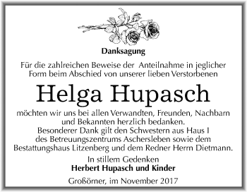 Traueranzeige von Helga Hupasch von Mitteldeutsche Zeitung