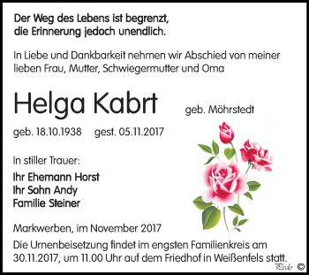 Traueranzeige von Helga Kabrt von Mitteldeutsche Zeitung Weißenfels