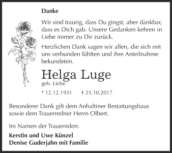 Traueranzeige von Helga Luge von WVG - Wochenspiegel Dessau / Köthen