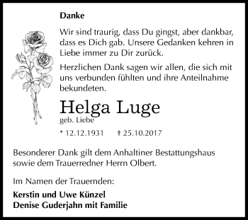 Traueranzeige von Helga Luge von Mitteldeutsche Zeitung Dessau-Roßlau