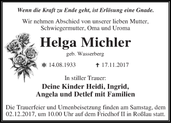 Traueranzeige von Helga Michler von WVG - Wochenspiegel Dessau / Köthen